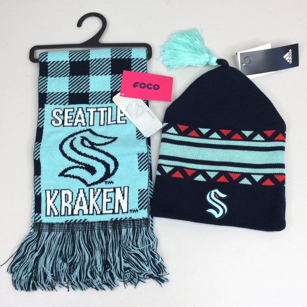 NWT Adidas FOCO Seattle Kraken Beanie Hat and Scarf Set NHL Hockey Team